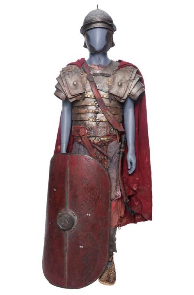 Production Used: Spartacus - War of the Damned "Crassus Soldier Ensemble with Shield" Production Worn Stunt Costume